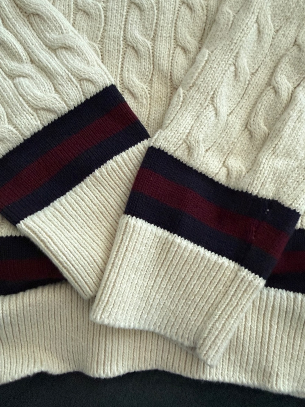 Polo Ralph Lauren Cream Cable-Knit V-Neck Sweater with Navy & Burgundy Trim Boys - Picture 4 of 8